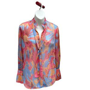 Etcetera Sheer Long Sleeve V-Neck Pullover Abstract Blouse Top Pink/Multi Size 0